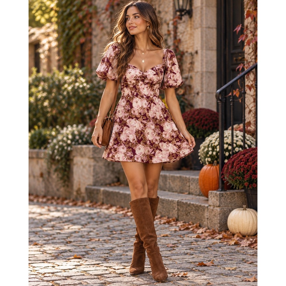 AUW Women Burgundy Pink Floral Puff Sleeve Sweetheart Mini Dress Size M